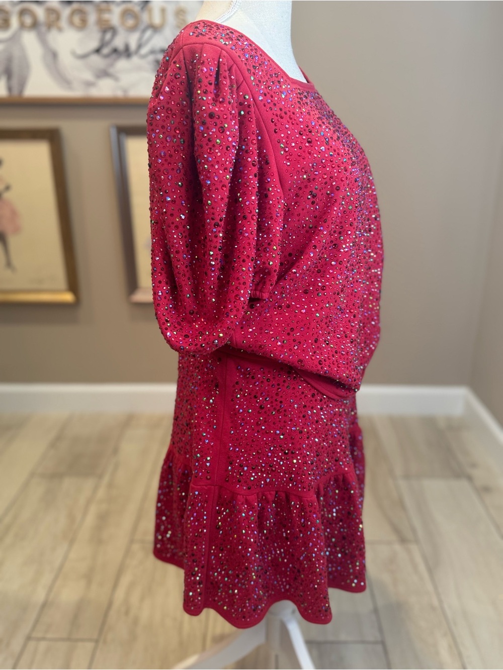 QUEEN OF SPARKLES Red Full Rhinestone Puff-Sleeve Skirt Set - Picture 8 of 12